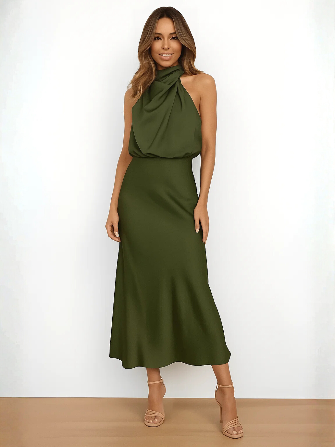 Vestido Midi Acetinado Acinturado com Gola Alta Drapeada Elegante – Rayca