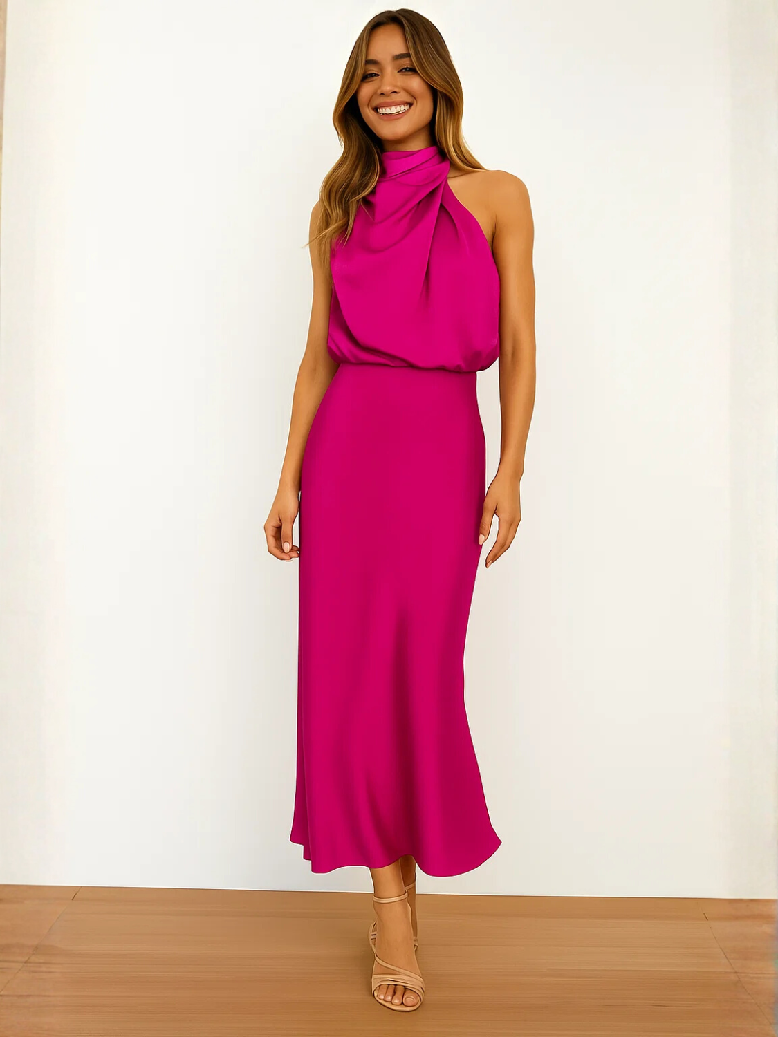 Vestido Midi Acetinado Acinturado com Gola Alta Drapeada Elegante – Rayca